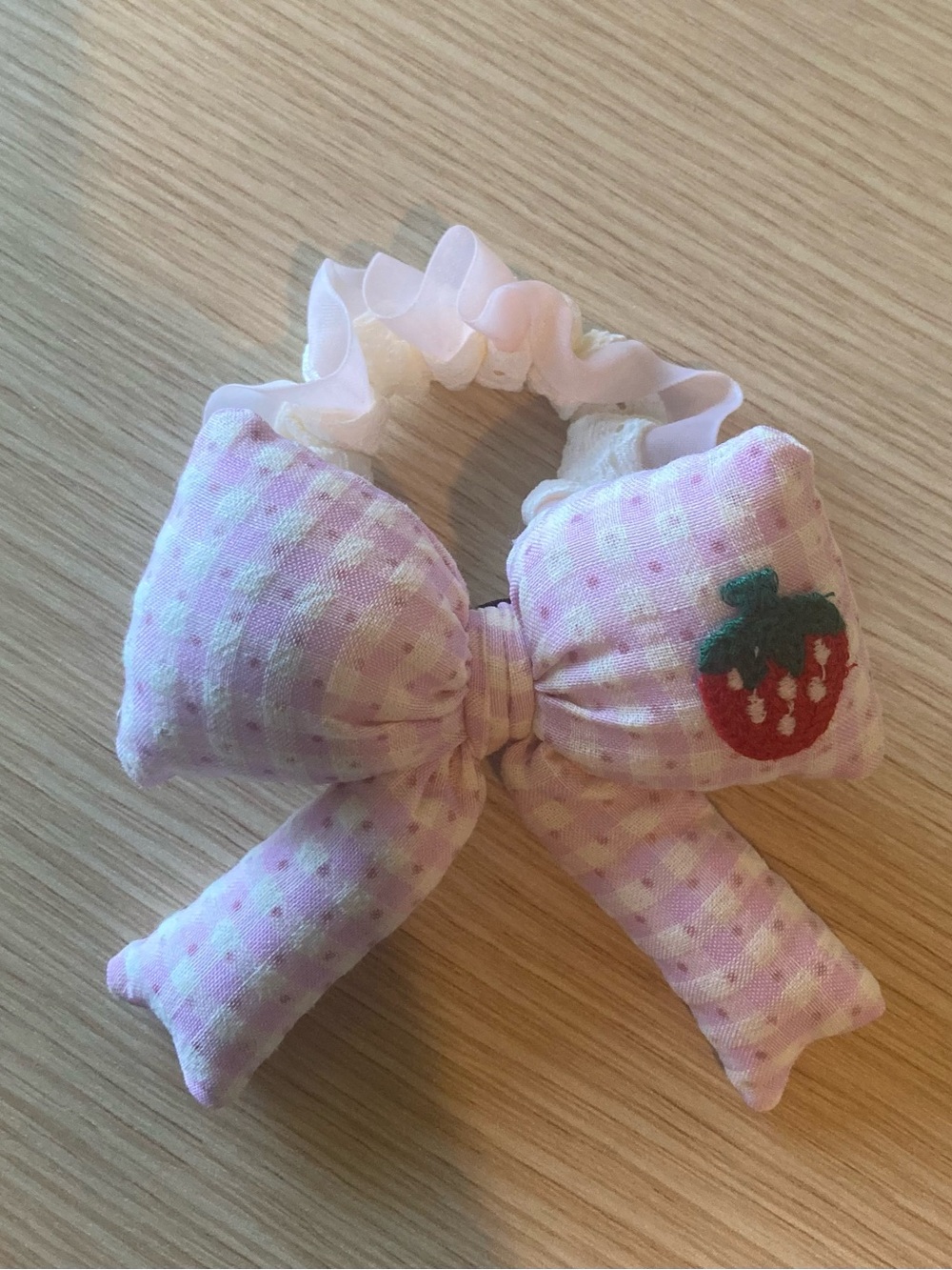 Pink Strawberry Bow Hair Scrunchie for Kids